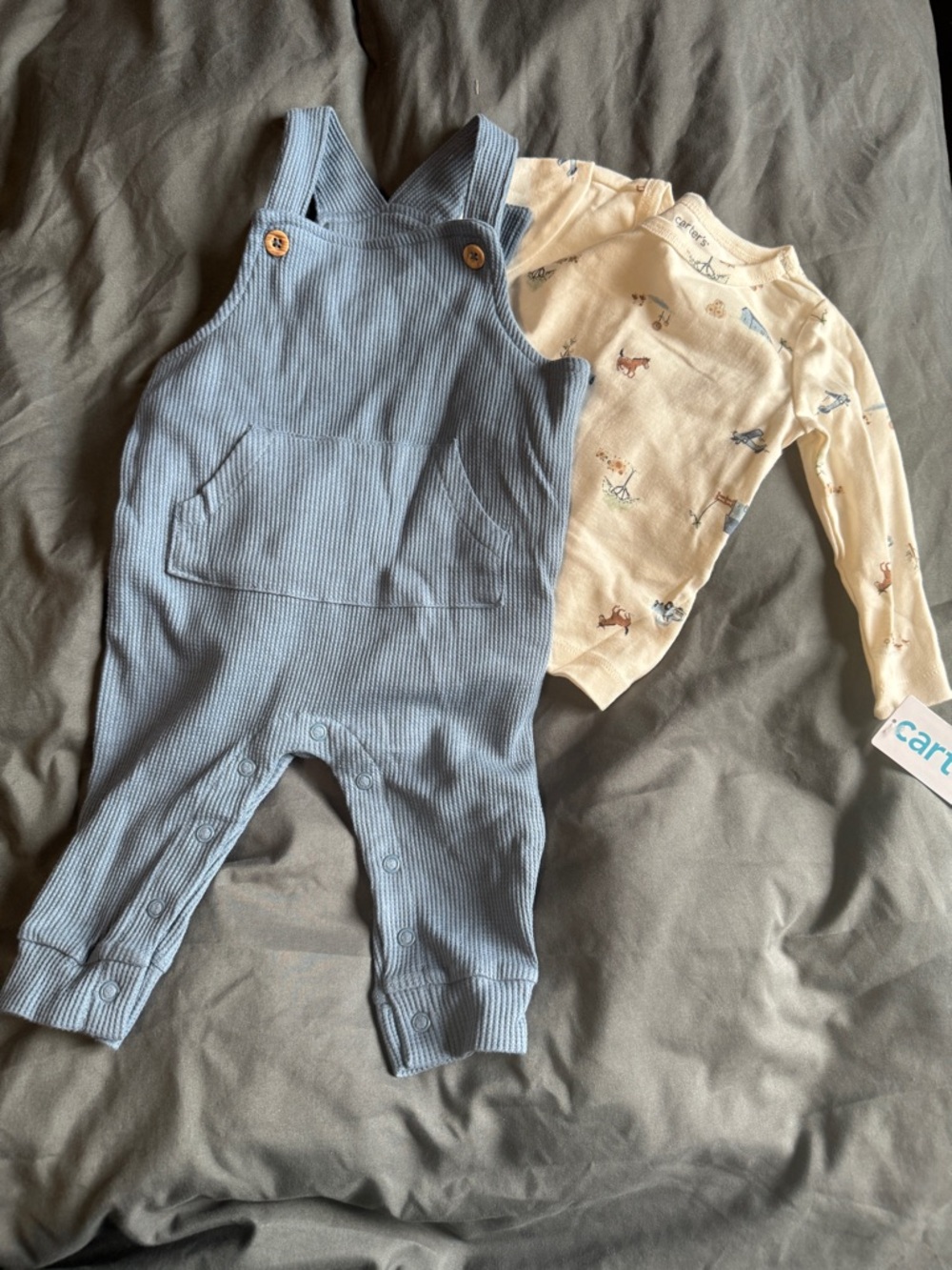 Carter's Light Blue Overalls with Cream Animal-Print Shirt